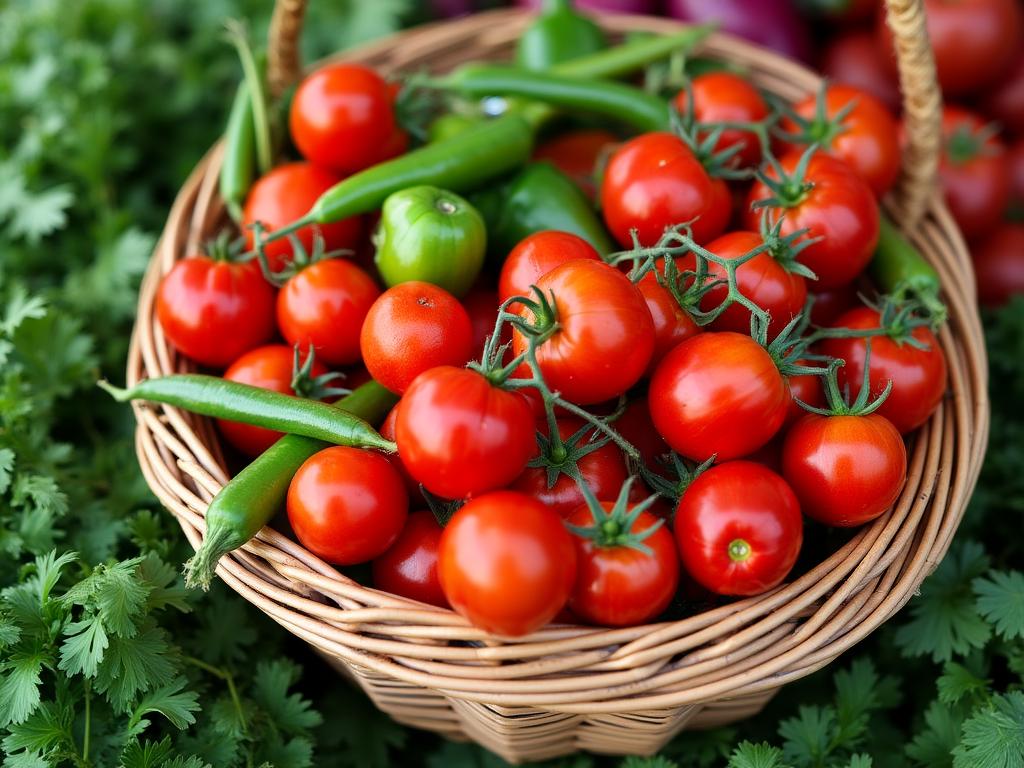 Cesta de tomates y verduras frescas de temporada